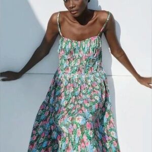 Zara Green Floral Pleated Bustier Midi Dress